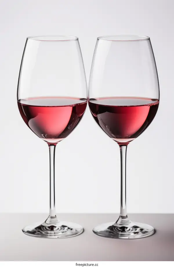 Two glasses of red wine on a white background