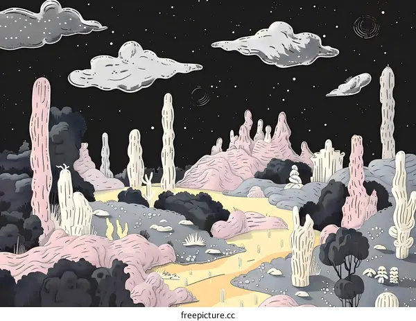 Nighttime Landscape with Abstract Mountains and Cactus