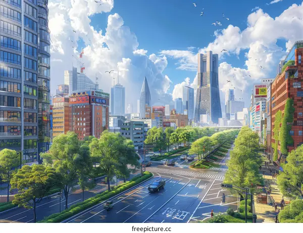 Cityscape Illustration with Modern Buildings and Lush Trees