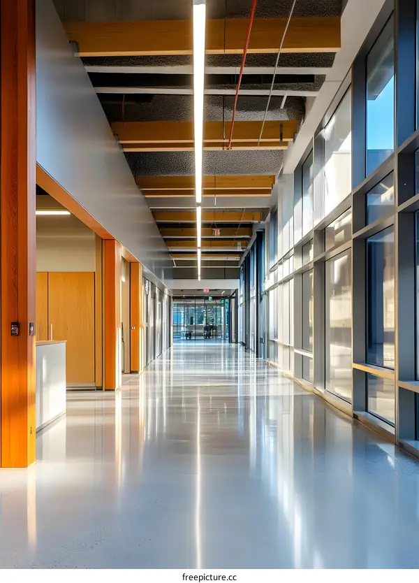 Modern Interior Design Of A Long Hallway With Wooden Beams And Large Windows