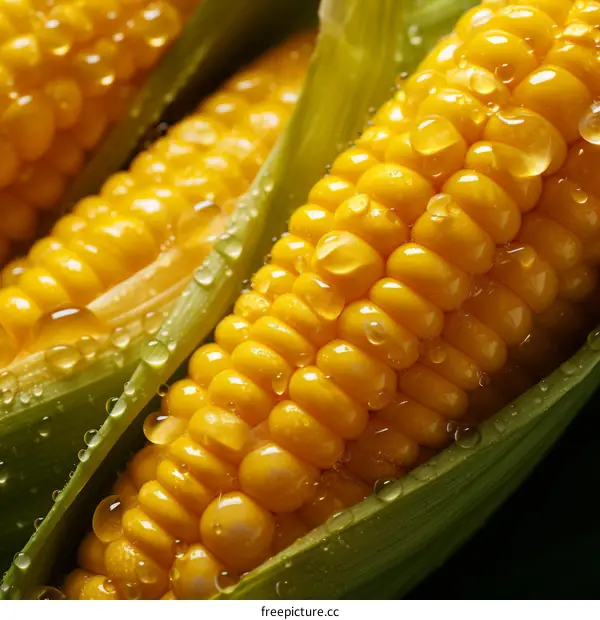 Close-up of fresh corn on the cob with water drops