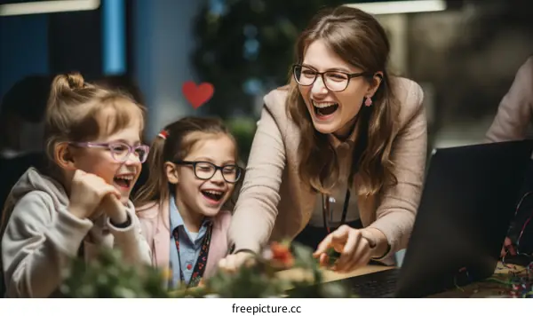 Three young girls in a classroom with a teacher