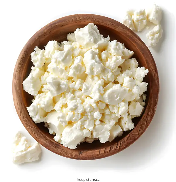 Fresh Crumbled Cheese in a Wooden Bowl