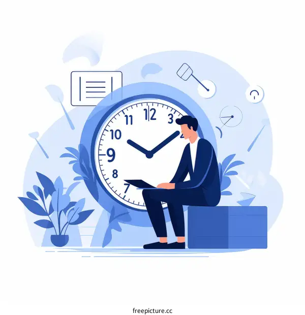 Male employee sitting on a box in front of a clock, holding a laptop