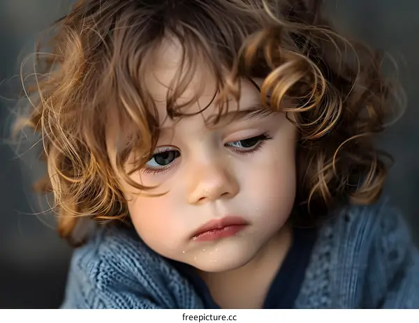 Little boy with curly blond hair looking sad