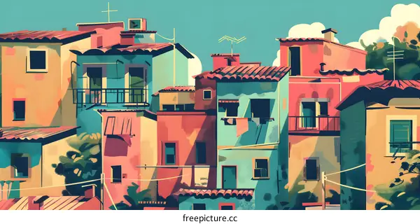 Colorful Illustration Of European Town Houses