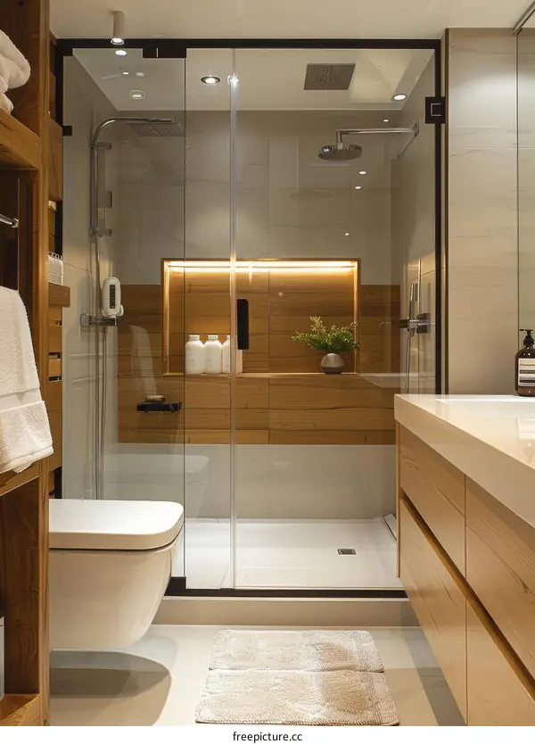 Bathroom interior with large glass shower enclosure