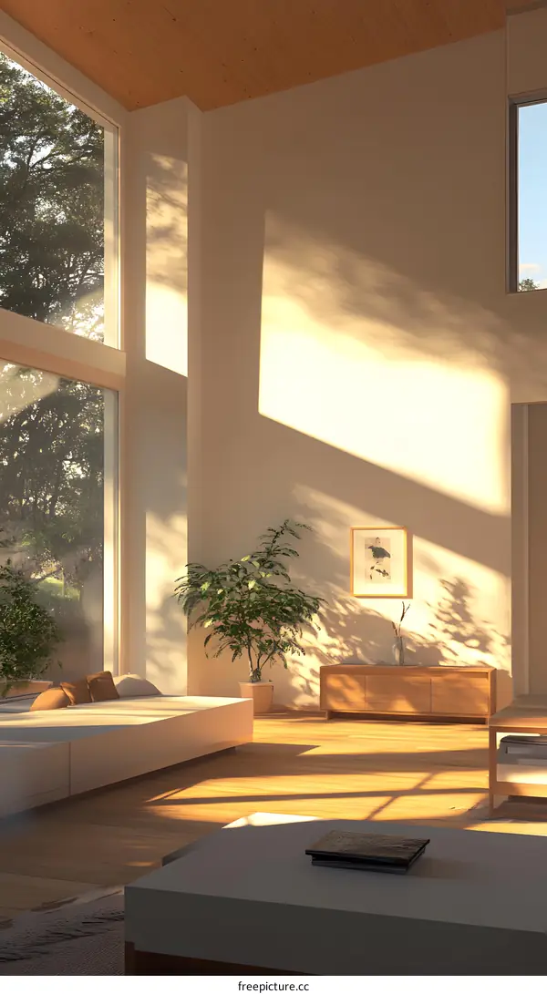Sunlight streaming through large windows in a modern minimalist living room