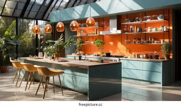 Blue and orange kitchen with large windows