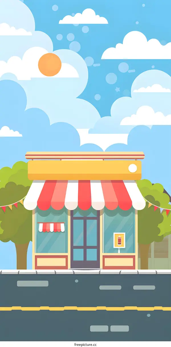 Cartoon Illustration of a Store Front with Red and White Striped Awning