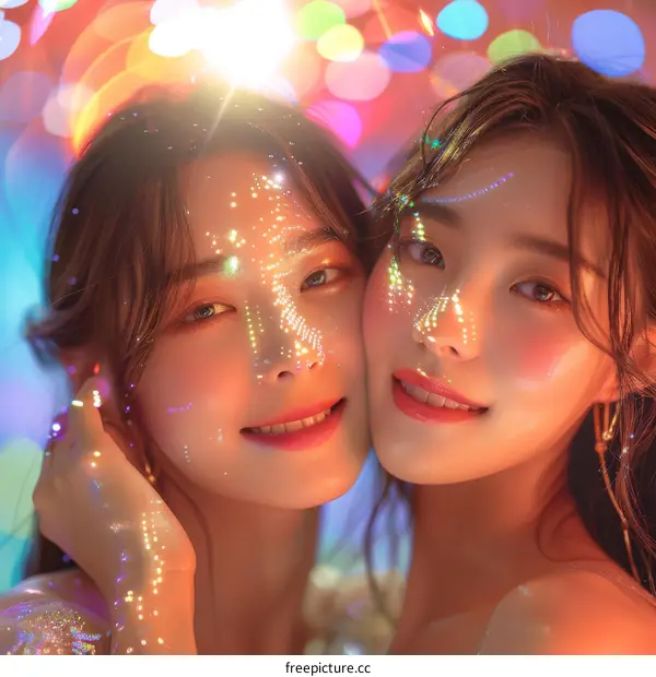 Two Asian women with glitter on their faces are standing close to each other and smiling.