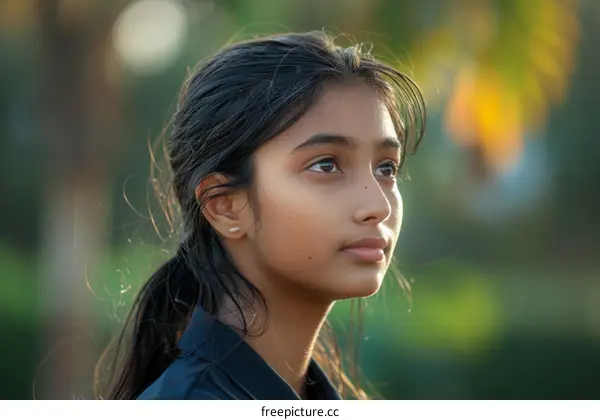 Portrait of a young Indian girl looking away from the camera with a thoughtful expression on her face