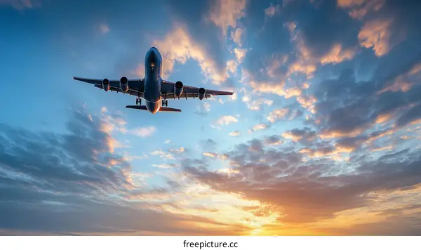 Airplane Landing at Sunrise Sky