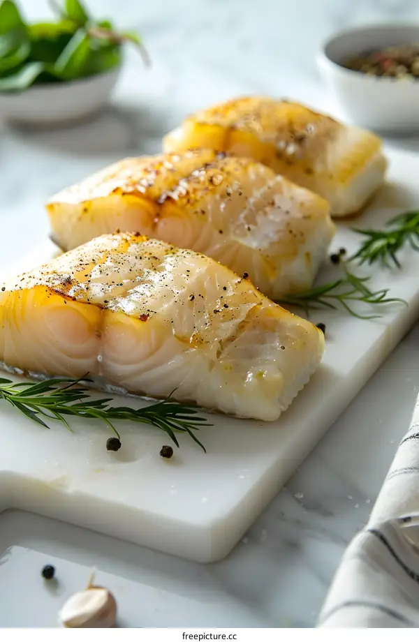 Baked cod fillets on white cutting board