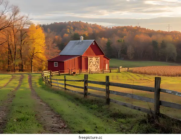 Red barn in autumn field