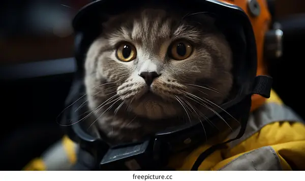 A gray cat wearing an astronaut helmet and a spacesuit