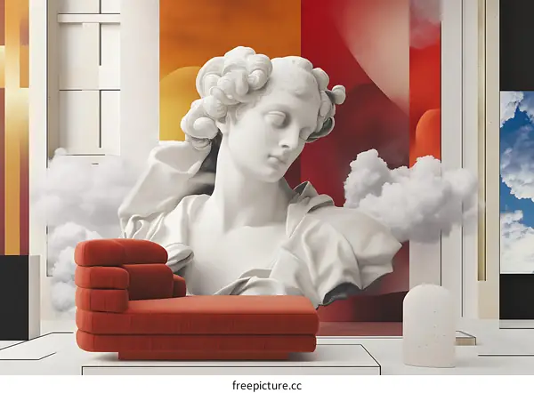 Abstract Art with Statue and Clouds in Orange and Red Colors