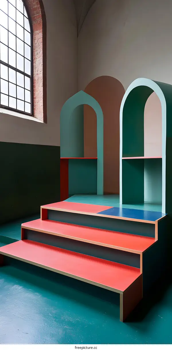 Colorful Wooden Structure Inside Building With Archway