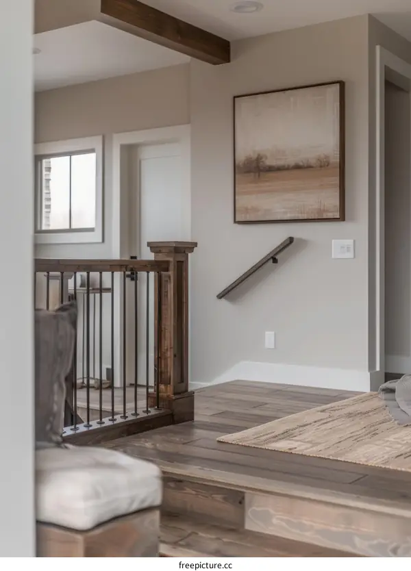 Modern Interior with Wooden Handrail and Brown Painting