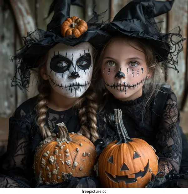 Two young girls dressed in Halloween costumes