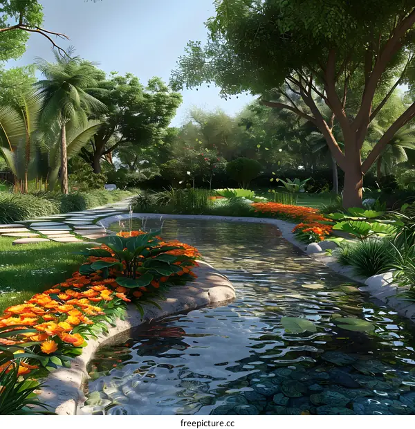 A beautiful garden with a creek running through it