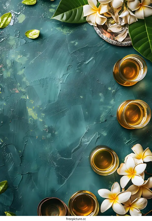 Green Background with Flowers and Glass Jars of Honey