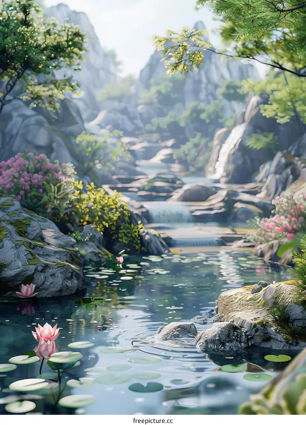Serene Mountain Lake with Pink and White Lotus Flowers