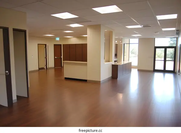 Modern Office Interior Design With Wood Floors And Large Windows