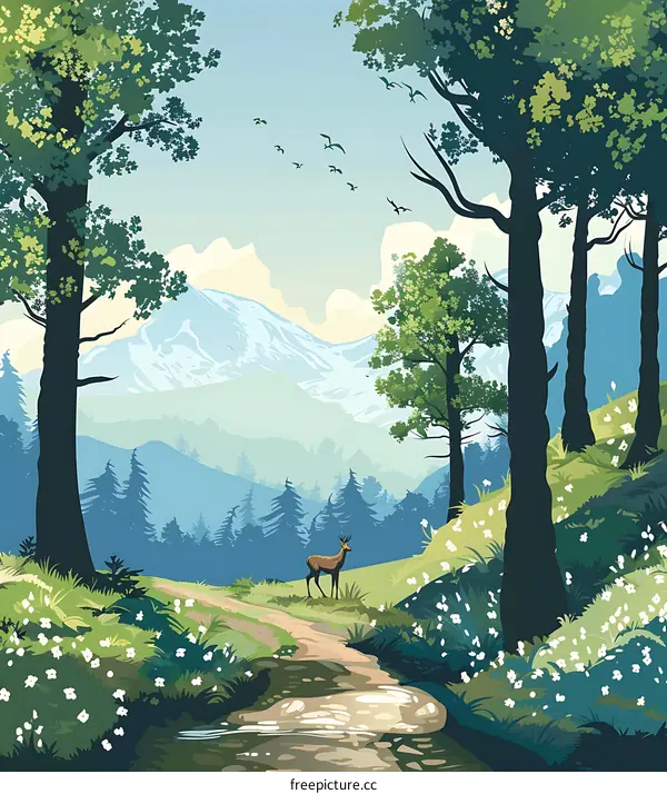 Mountain Forest Landscape with Deer and Stream