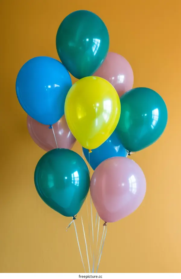 Colorful Balloons Against a Yellow Background