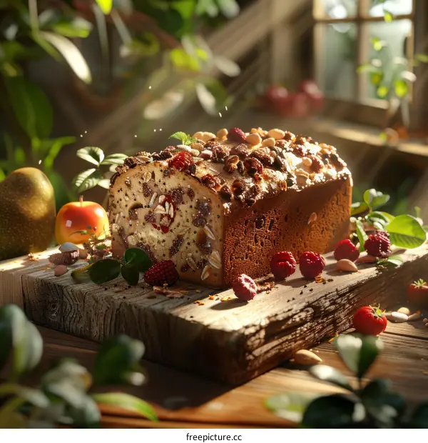Close up of a loaf of homemade bread on a wooden table garnished with nuts and berries
