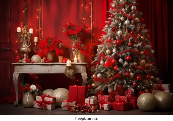 Christmas tree with red and gold decorations