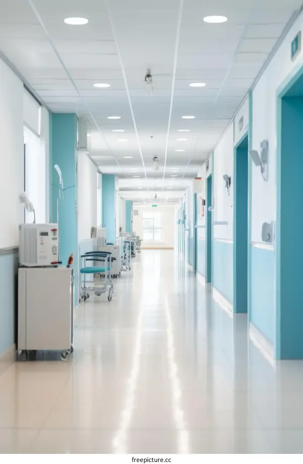 Empty Hospital Hallway with Blue Walls and White Floor
