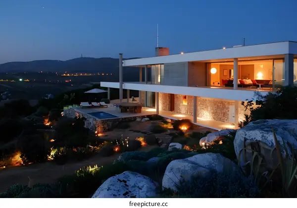 Modern House with Swimming Pool and Night Lights