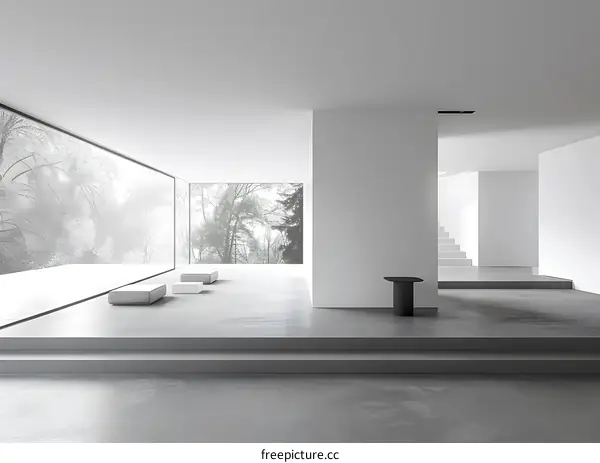 Modern Minimalist Interior Design with Large Windows and Grey Concrete Floor