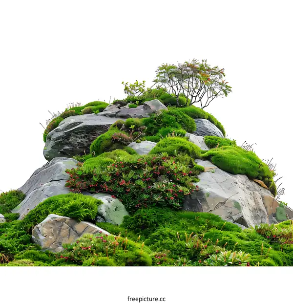 Green Mossy Rocks with Small Tree