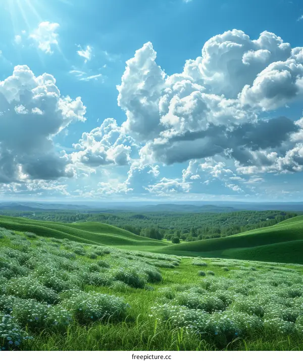 Stunning Green Hills and Blue Sky with White Flowers