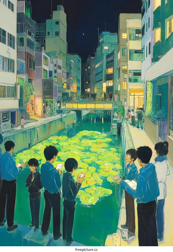 Nighttime View of a City Canal with People and Water Lilies