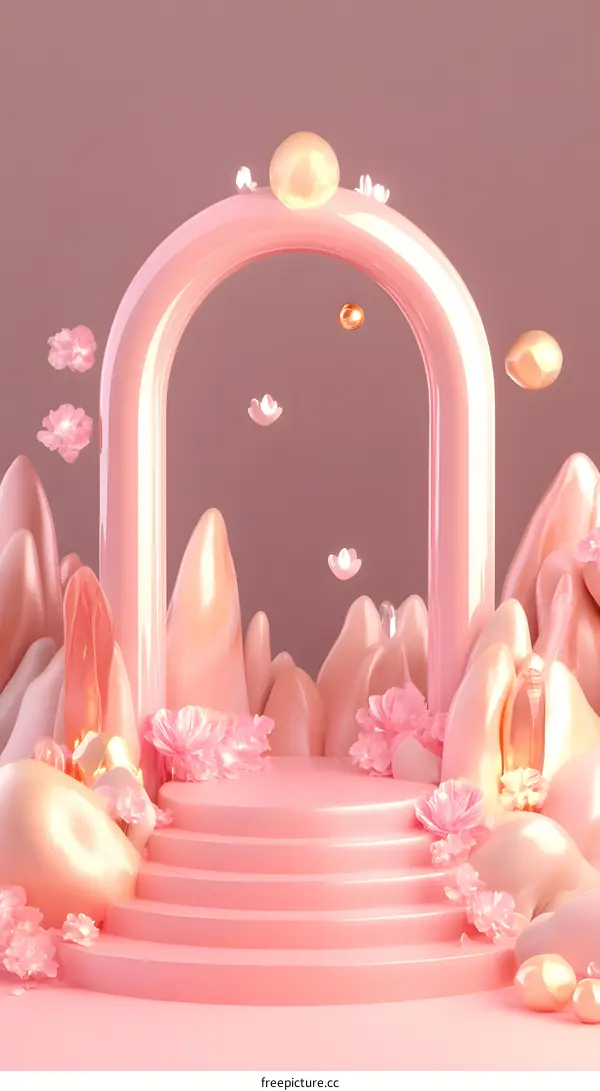 Abstract Pink 3D Render with Archway and Flowers