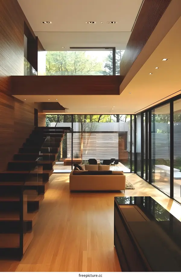 Modern Interior Design with Glass Windows and Wooden Stairs