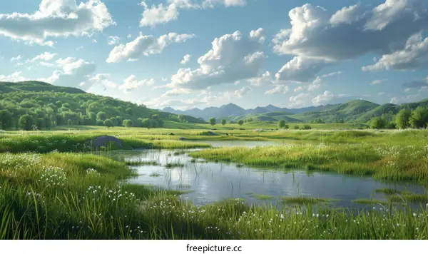 Vast Prairie under Blue Sky with White Clouds