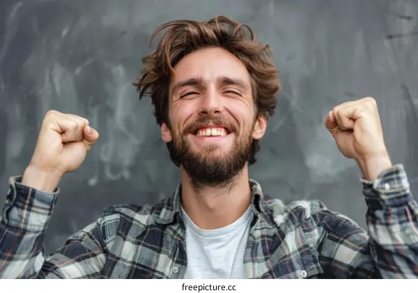 Happy Man with Beard Raising His Fists in Celebration