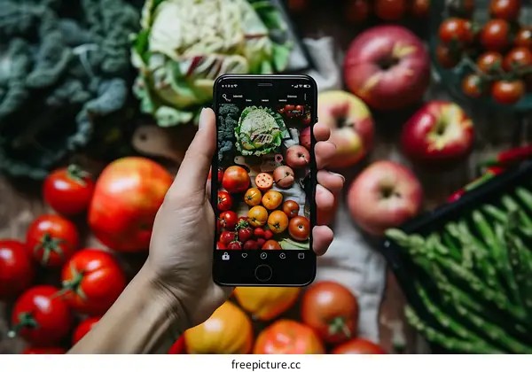 Hand Holding Phone Taking Photo of Vegetables and Fruit