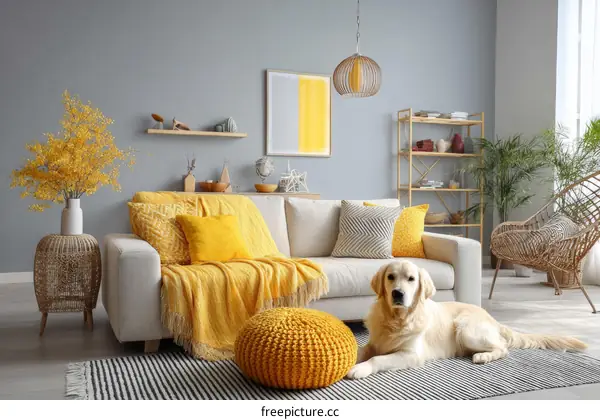 Modern Cozy Living Room with a Golden Retriever Dog