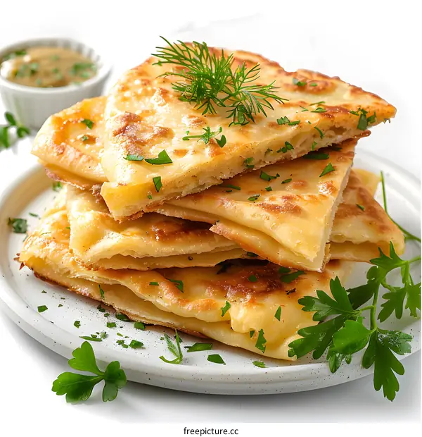 Stack of homemade flatbread with fresh herbs