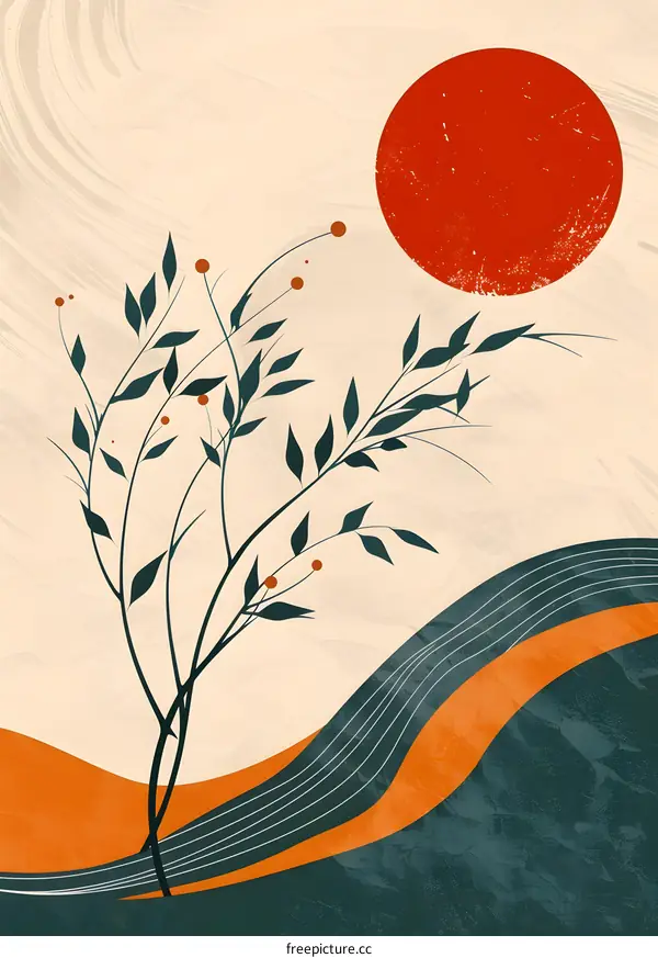 Abstract Minimalist Art Print with Tree and Sun