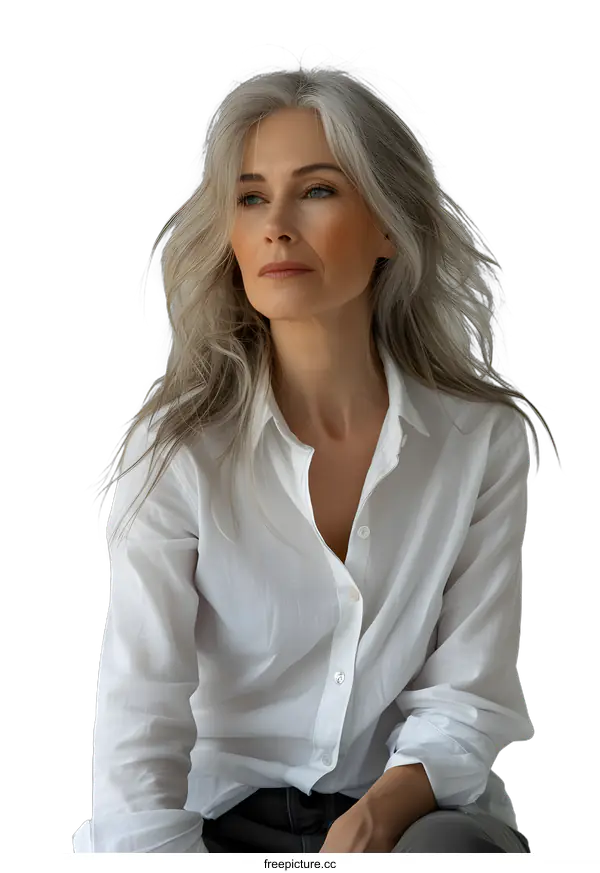 [Transparent Background PNG]Portrait of a beautiful middle-aged woman with gray hair