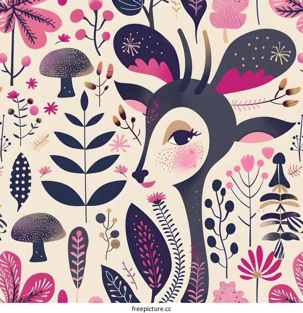Cute Deer Illustration with Floral Pattern