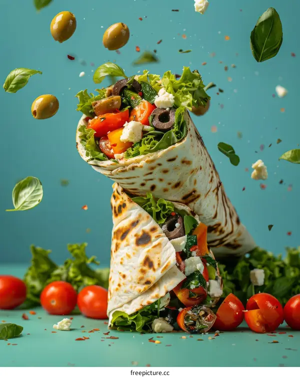 Fresh and tasty doner kebab wrap with ingredients flying around