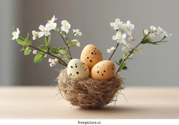Spring Easter Eggs in a Nest with Flowers